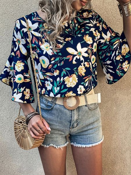 floral print petal sleeve blouse t7ou#, White
