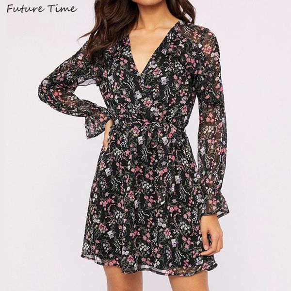 casual dresses women dress print floral color v-neck spring and summer chic beach mini see-through ruffles 2021 arrival c2060, Black;gray 
casual dresses women dress print floral color v-neck spring and summer chic beach mini see-through ruffles 2021 arrival c2060, Black;gray