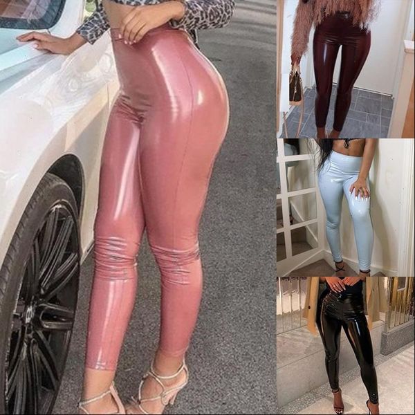women pu leather legging pants skinny high elastic high waist ladies legging slim fitness faux leather legging, Black