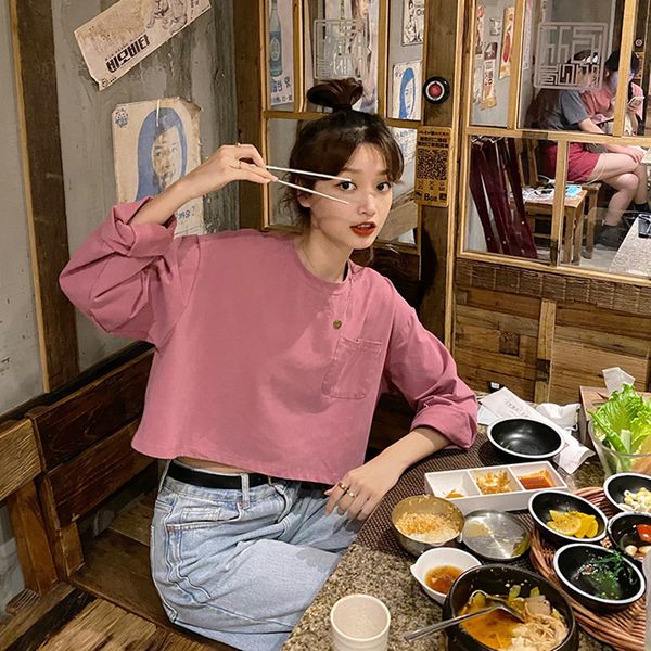 2021 new 5colors autumn korean style soild color pocket long sleeve t-shirts womens short tee shirt femme (f4055) t018, White
2021 new 5colors autumn korean style soild color pocket long sleeve t-shirts womens short tee shirt femme (f4055) t018, White