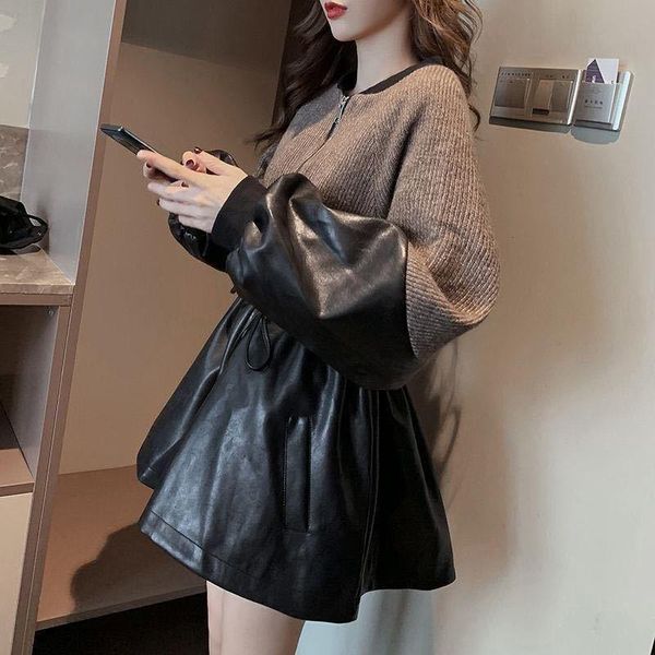 women's leather & faux women 's 2021 spring and autumn korean style loose fashionable knitted patchwork waist-slimming vintage coa, Black
women's leather & faux women 's 2021 spring and autumn korean style loose fashionable knitted patchwork waist-slimming vintage coa, Black