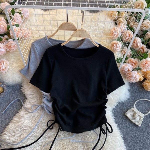 women's t-shirt color korean version 2021 round neck short sleeve side drawstring show thin versatile women, White
women's t-shirt color korean version 2021 round neck short sleeve side drawstring show thin versatile women, White
