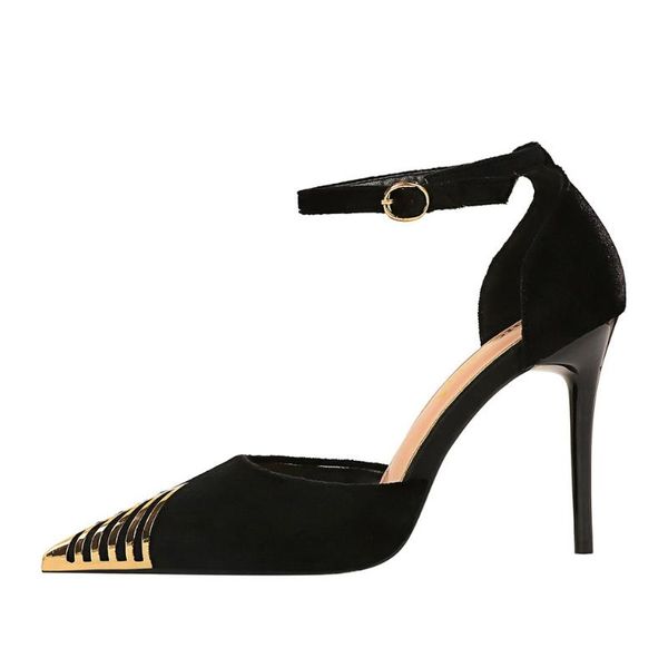 sandals european and american nightclub slim high heel large size suede shallow hollow metal pointed one line, Black
sandals european and american nightclub slim high heel large size suede shallow hollow metal pointed one line, Black