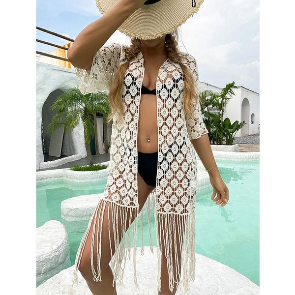 women's swimwear beach bikini blouse hollow crochet knit long fringed sunscreen cardigan, White;black
women's swimwear beach bikini blouse hollow crochet knit long fringed sunscreen cardigan, White;black