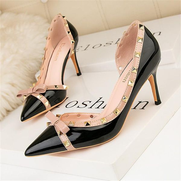 dress shoes women's single summer nightclub slim stiletto high heels shallow mouth pointed side hollow rivet, Black
dress shoes women's single summer nightclub slim stiletto high heels shallow mouth pointed side hollow rivet, Black