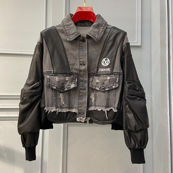 women's leather & faux full sleeve denim jacket oversize women 2021 coats with genuine sheepskin large size female autumn clothing, Black
women's leather & faux full sleeve denim jacket oversize women 2021 coats with genuine sheepskin large size female autumn clothing, Black