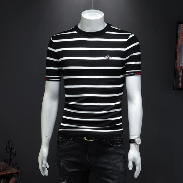 summer 202 european and american men's new striped short-sleeved t-shirts embroidery printing trend bottoming shirts slim fit, White;black
summer 202 european and american men's new striped short-sleeved t-shirts embroidery printing trend bottoming shirts slim fit, White;black