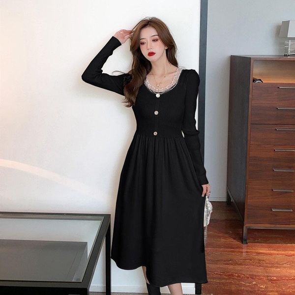 casual dresses french retro ladies knitting long sleeve 2021 autumn winter wmoen pearl lace side dress luxury evening, Black;gray
casual dresses french retro ladies knitting long sleeve 2021 autumn winter wmoen pearl lace side dress luxury evening, Black;gray