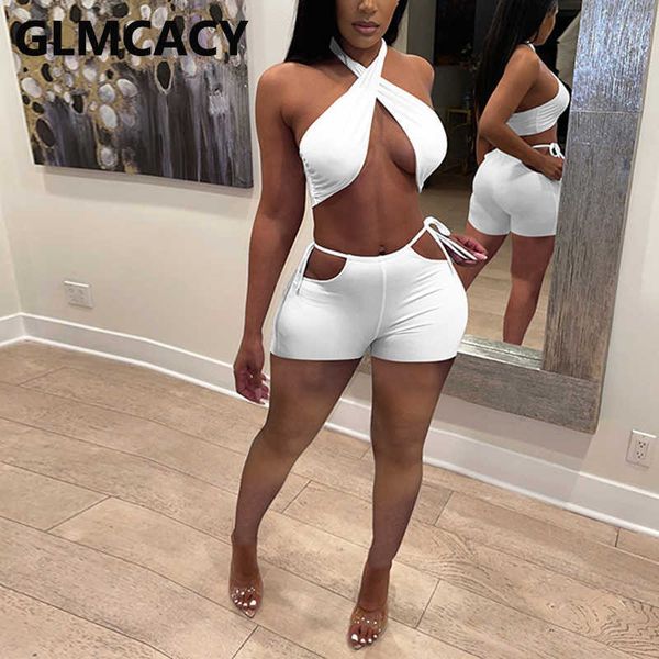 women two piece solid suits halter backless crop & cut out bodycon shorts set 210702, White
women two piece solid suits halter backless crop & cut out bodycon shorts set 210702, White