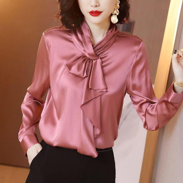 women's blouses & shirts women spring summer style faux sild lady casual long sleeve bow tie collar blusas df3046, White
women's blouses & shirts women spring summer style faux sild lady casual long sleeve bow tie collar blusas df3046, White