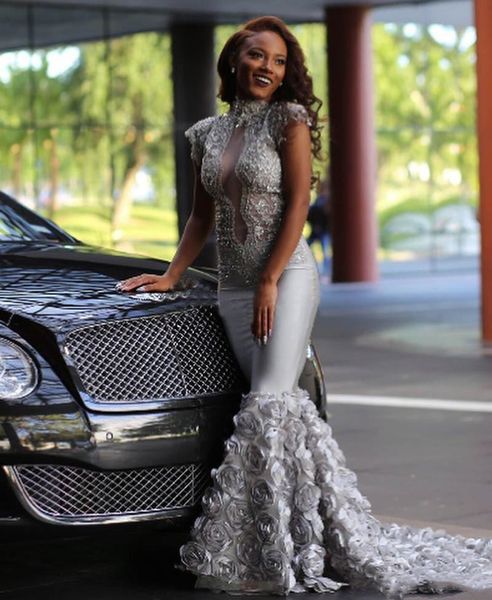 stunning silver 3d rose flowers mermaid prom dresses south african arabic high neck sleeveless appliques sequined evening gowns, Black
stunning silver 3d rose flowers mermaid prom dresses south african arabic high neck sleeveless appliques sequined evening gowns, Black