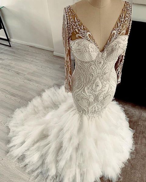 gorgeous plus size mermaid wedding dresses bridal gowns lace appliqued beaded v neck long sleeve tiered skirts ruffles vestido de noiva, White
gorgeous plus size mermaid wedding dresses bridal gowns lace appliqued beaded v neck long sleeve tiered skirts ruffles vestido de noiva, White