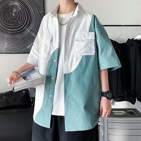 men's casual shirts summer color matching short sleeve shirt male hip hop harajuku style splicing, White;black 
men's casual shirts summer color matching short sleeve shirt male hip hop harajuku style splicing, White;black