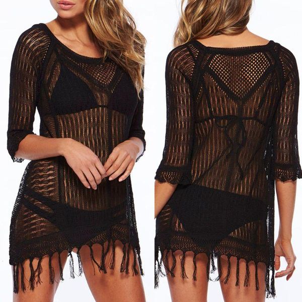 party dresses 40gc womens 3/4 sleeves bikini cover up hollow out crochet pullover mini beach dress tassels trim low cut sheer asymmetric top, White;black
party dresses 40gc womens 3/4 sleeves bikini cover up hollow out crochet pullover mini beach dress tassels trim low cut sheer asymmetric top, White;black