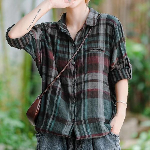 women's blouses & shirts cotton women shirt plaid 2021 autumn spring long sleeve lapel linen single breasted cardigan loose for, White
women's blouses & shirts cotton women shirt plaid 2021 autumn spring long sleeve lapel linen single breasted cardigan loose for, White