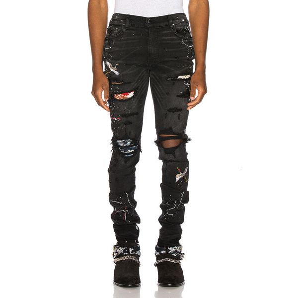 men's black bird embroidered painted ripped jeans streetwear holes patchwork stretch denim pants skinny pencil trousers, Blue
men's black bird embroidered painted ripped jeans streetwear holes patchwork stretch denim pants skinny pencil trousers, Blue