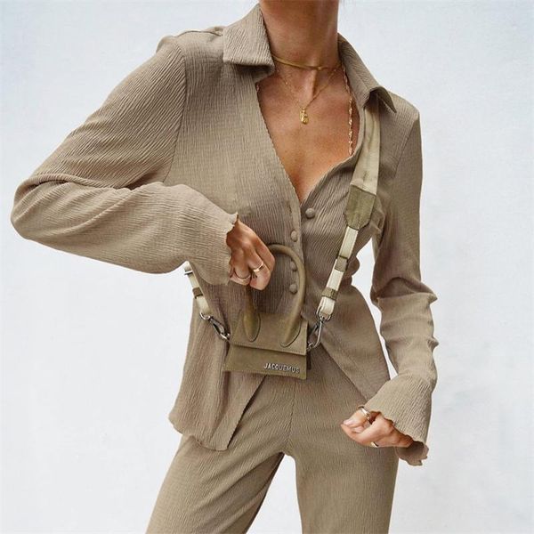women's two piece pants khaki turn down collar set women autumn clothes deep v neck long sleeve blouse shirts suits elegant sets, White
women's two piece pants khaki turn down collar set women autumn clothes deep v neck long sleeve blouse shirts suits elegant sets, White