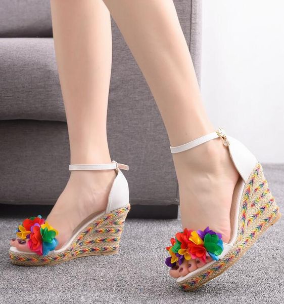 colorful flower fish mouth wedge sandals white one-word buckle sandals, Black 
colorful flower fish mouth wedge sandals white one-word buckle sandals, Black