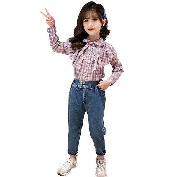 children clothes plaid blouse + jeans teenage girls clothing ruffles sets spring autumn children's tracksuits 210528, White
children clothes plaid blouse + jeans teenage girls clothing ruffles sets spring autumn children's tracksuits 210528, White