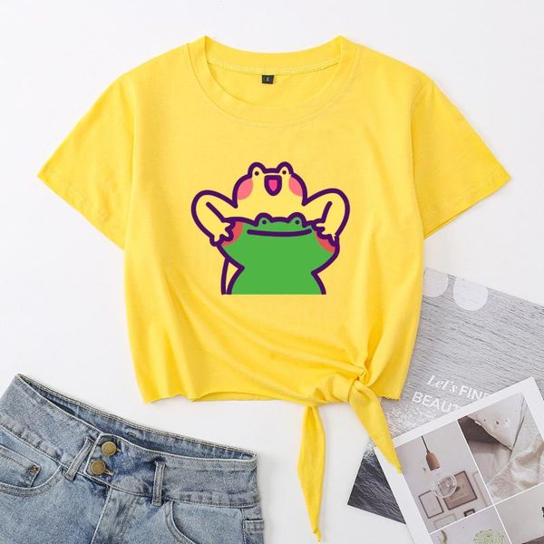 women's t-shirt funny frog couple crop summer casual short-sleeve printing cotton cropped graphic tee with front knot, White
women's t-shirt funny frog couple crop summer casual short-sleeve printing cotton cropped graphic tee with front knot, White