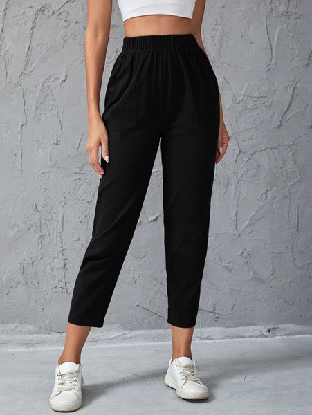 solid elastic waist carrot pants v0q4#, Black;white 
solid elastic waist carrot pants v0q4#, Black;white
