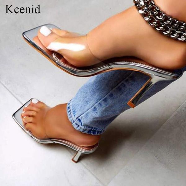 slippers kcenid square toe pvc jelly women high heels transparent sandals women's shoes clear party pumps silver gold, Black
