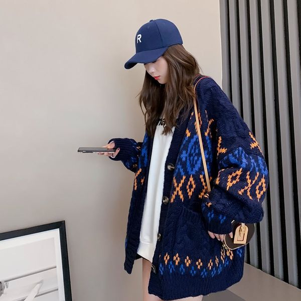 knitted cardigan jacket women autumn and winter new fashion korean loose western style v-neck striped diamond sweater, White;black
knitted cardigan jacket women autumn and winter new fashion korean loose western style v-neck striped diamond sweater, White;black