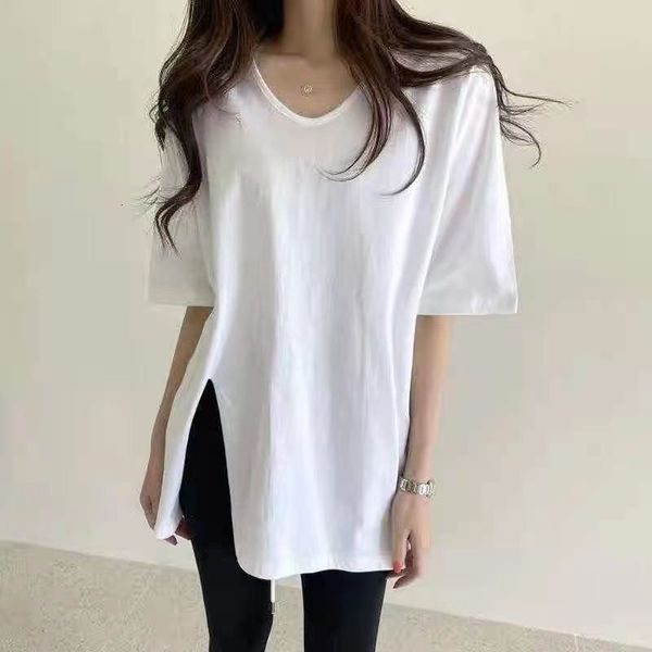 new tee split casual all match 2021 oversize basic summer solid loose streetwear prom t-shirts uxba, White