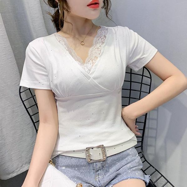 women's t-shirt summer the v-neck lace stitching short sleeve 2021 women t shirt plus size, White
women's t-shirt summer the v-neck lace stitching short sleeve 2021 women t shirt plus size, White