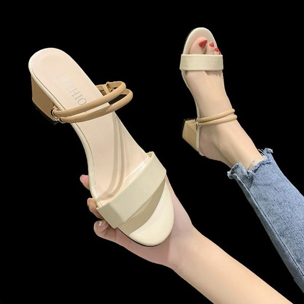 sandals 2021 versatile mid heel thick fairy fashion two slippers for women and korean high heels, Black 
sandals 2021 versatile mid heel thick fairy fashion two slippers for women and korean high heels, Black