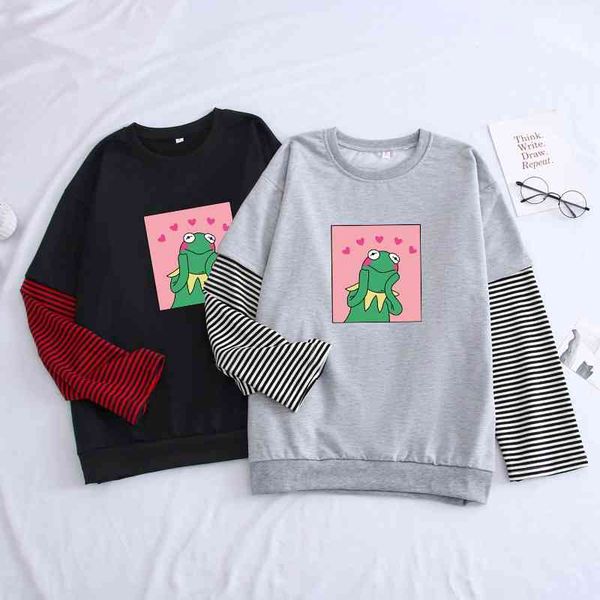 cartoon frog long girlfriends sweater fake two striped sleeve women's dress, Black
cartoon frog long girlfriends sweater fake two striped sleeve women's dress, Black