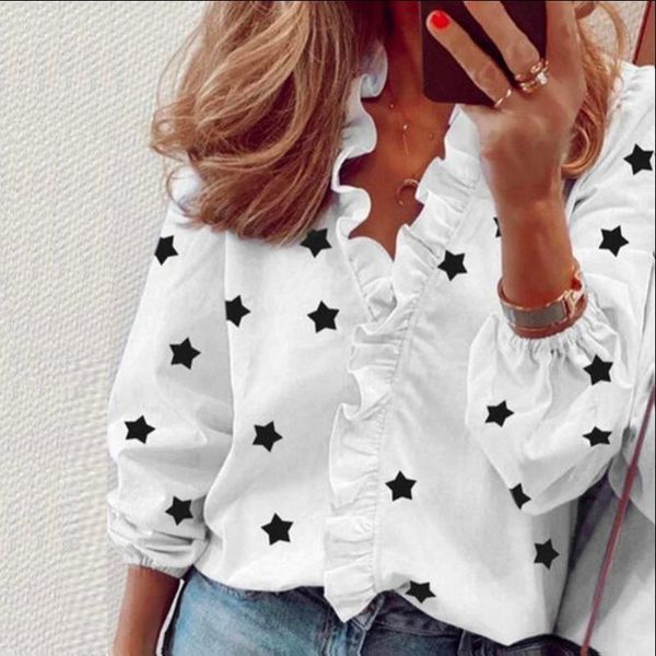 women's blouses & shirts 2021 summer women blouse fashion long sleeve v-neck ruffle star print shirt casual ladies plus size, White
women's blouses & shirts 2021 summer women blouse fashion long sleeve v-neck ruffle star print shirt casual ladies plus size, White