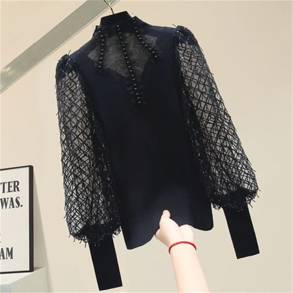 high collar sweater flashlight long sleeve nightgown 2021 spring elegant black blouses 29dw, White;black
high collar sweater flashlight long sleeve nightgown 2021 spring elegant black blouses 29dw, White;black