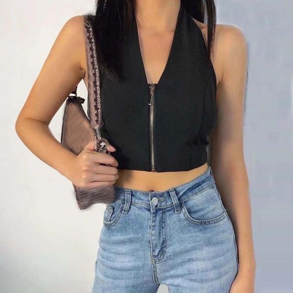women's tanks & camis black corset color halter v-neck zip vest tank summer sleeveless crop camisetas de mujer, White
women's tanks & camis black corset color halter v-neck zip vest tank summer sleeveless crop camisetas de mujer, White