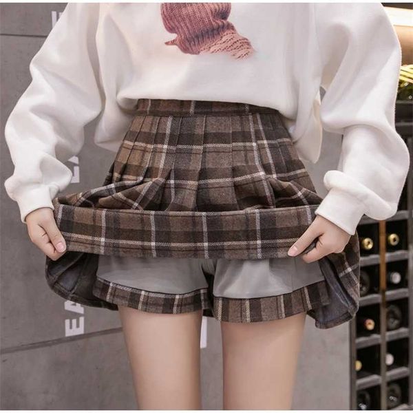 women's plaid pleated woolen a-line mini skirt high waist with lining female short skirts winter autumn girls preppy style 211109, Black
women's plaid pleated woolen a-line mini skirt high waist with lining female short skirts winter autumn girls preppy style 211109, Black