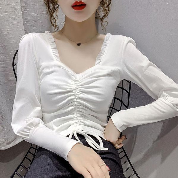 women's blouses & shirts blouse women drawstring long sleeve fall clothing slim fit blusas ropa de mujer, White
