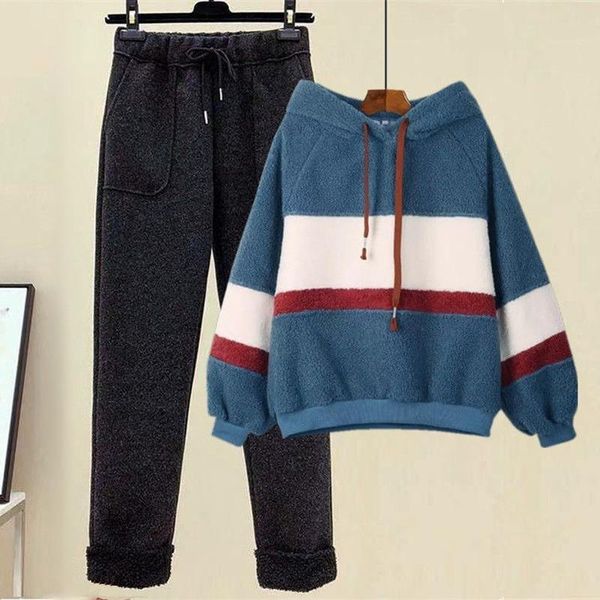 women's two piece pants fleece thickened lamb wool sweater fashion suit winter loose color matching coat nine-point two-piece, White
women's two piece pants fleece thickened lamb wool sweater fashion suit winter loose color matching coat nine-point two-piece, White