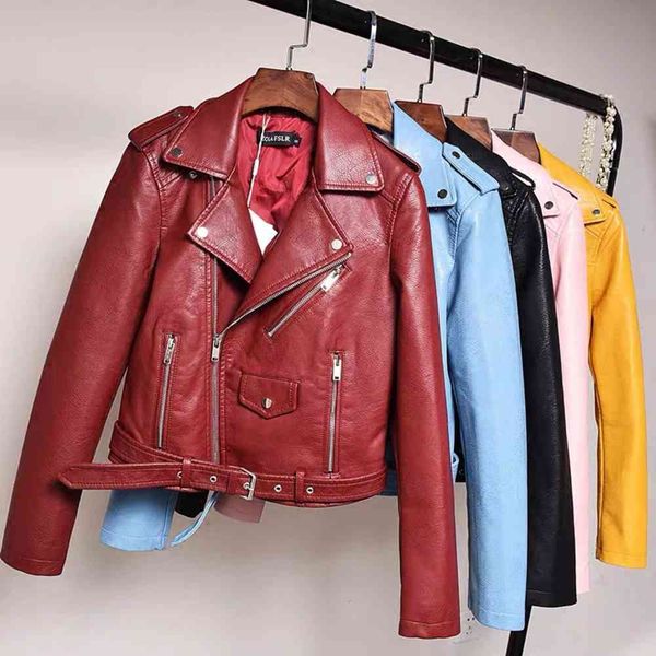leather jacket high fashion men belt spring short fashion long sleeve zipper motorcycle women, Black
