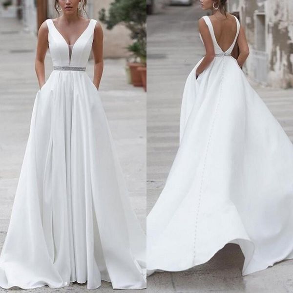 2021 new simple stain wedding es with crystal belt v-neck pocket design backless outdoor bride gowns vestidos de noiva fx0p, White
2021 new simple stain wedding es with crystal belt v-neck pocket design backless outdoor bride gowns vestidos de noiva fx0p, White
