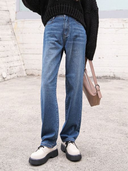 dazy high waist bleach wash straight leg jeans 18i8#, Blue