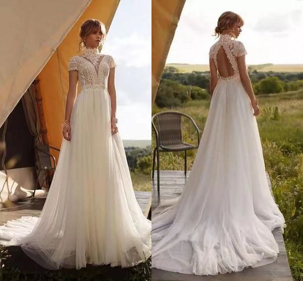 vintage boho wedding dresses tulle high neck cap sleeve crochet lace beach bohemian bridal gown long bride dress, White
vintage boho wedding dresses tulle high neck cap sleeve crochet lace beach bohemian bridal gown long bride dress, White