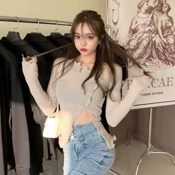 women's t-shirt knitted undershirt t autumn winter ear edge irregular tight long sleeve with ins trend, White
women's t-shirt knitted undershirt t autumn winter ear edge irregular tight long sleeve with ins trend, White