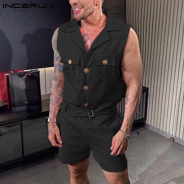 men's shorts summer fashion men rompers solid color lapel sleeveless jumpsuits with belt streetwear 2021 pockets casual overalls inceru, White;black
men's shorts summer fashion men rompers solid color lapel sleeveless jumpsuits with belt streetwear 2021 pockets casual overalls inceru, White;black