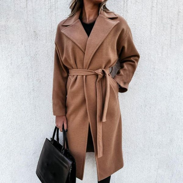 women's wool & blends women oversize coat solid color pockets streetwear waist tied split hem overcoat, Black
women's wool & blends women oversize coat solid color pockets streetwear waist tied split hem overcoat, Black