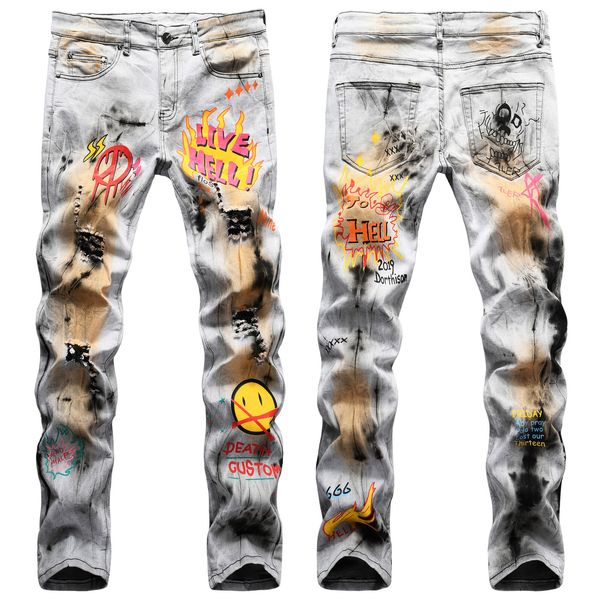 2021 new men's male trousers street hip-hop style bleaching dyeing and pigment slim stretch painted printing jeans denim pants scqo, Blue 
2021 new men's male trousers street hip-hop style bleaching dyeing and pigment slim stretch painted printing jeans denim pants scqo, Blue