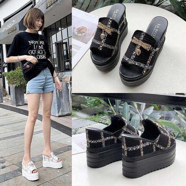 slippers high-heeled shoes lady on a wedge casual slides peep toe platform slipers women luxury soft 2021 rome pu cotton fabric, Black