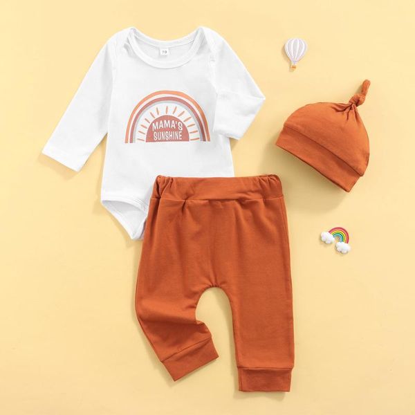 clothing sets 3 pcs infant baby boys/girls outfits, rainbow and letter print long sleeve o-neck romper + solid color trousers knotted cap, White
clothing sets 3 pcs infant baby boys/girls outfits, rainbow and letter print long sleeve o-neck romper + solid color trousers knotted cap, White