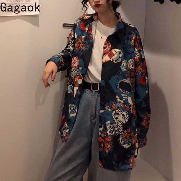 women streetwear blouse spring autumn turn-down collar print loose casual retro wild female fashion korean shirts 210531, White
women streetwear blouse spring autumn turn-down collar print loose casual retro wild female fashion korean shirts 210531, White