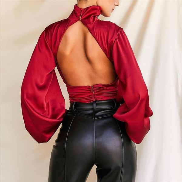 high collar satin women romper lantern sleeve fashion backless bodysuits skinny pleated rompers solid color club, Black;white
high collar satin women romper lantern sleeve fashion backless bodysuits skinny pleated rompers solid color club, Black;white
