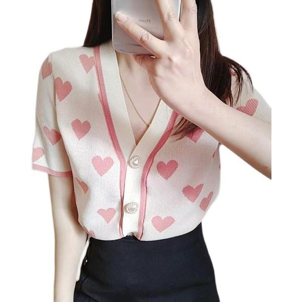 women's knits & tees ice silk knitted cardigan jacket women 2021 korean sweet red love pearl thin short sleeves temperament sweater fem, White
women's knits & tees ice silk knitted cardigan jacket women 2021 korean sweet red love pearl thin short sleeves temperament sweater fem, White